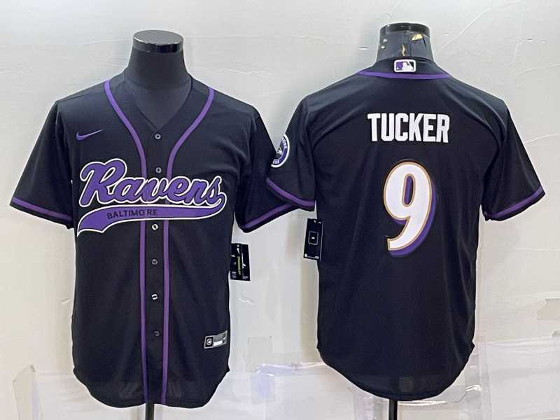 Mens Baltimore Ravens #9 Justin Tucker Black With Patch Cool Base Stitched Baseball Jersey->baltimore ravens->NFL Jersey